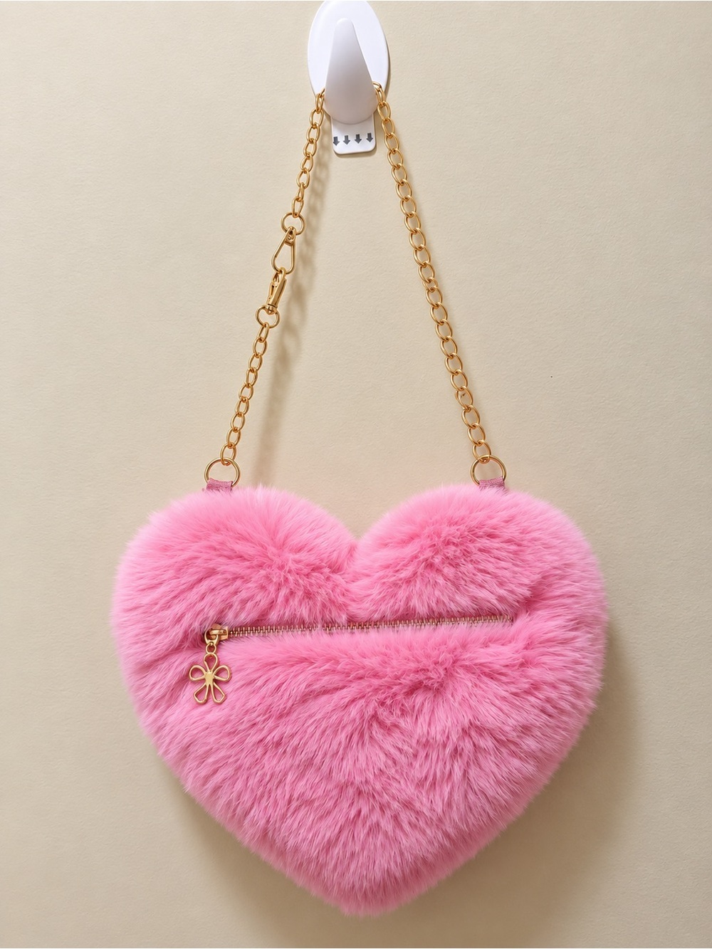 Pink Heart Faux Fur Crossbody Bag with Gold Chain